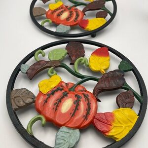 Hand painted, 2 Metal Trivets/Wall Hangings, Pumpkins/Fall Leaves